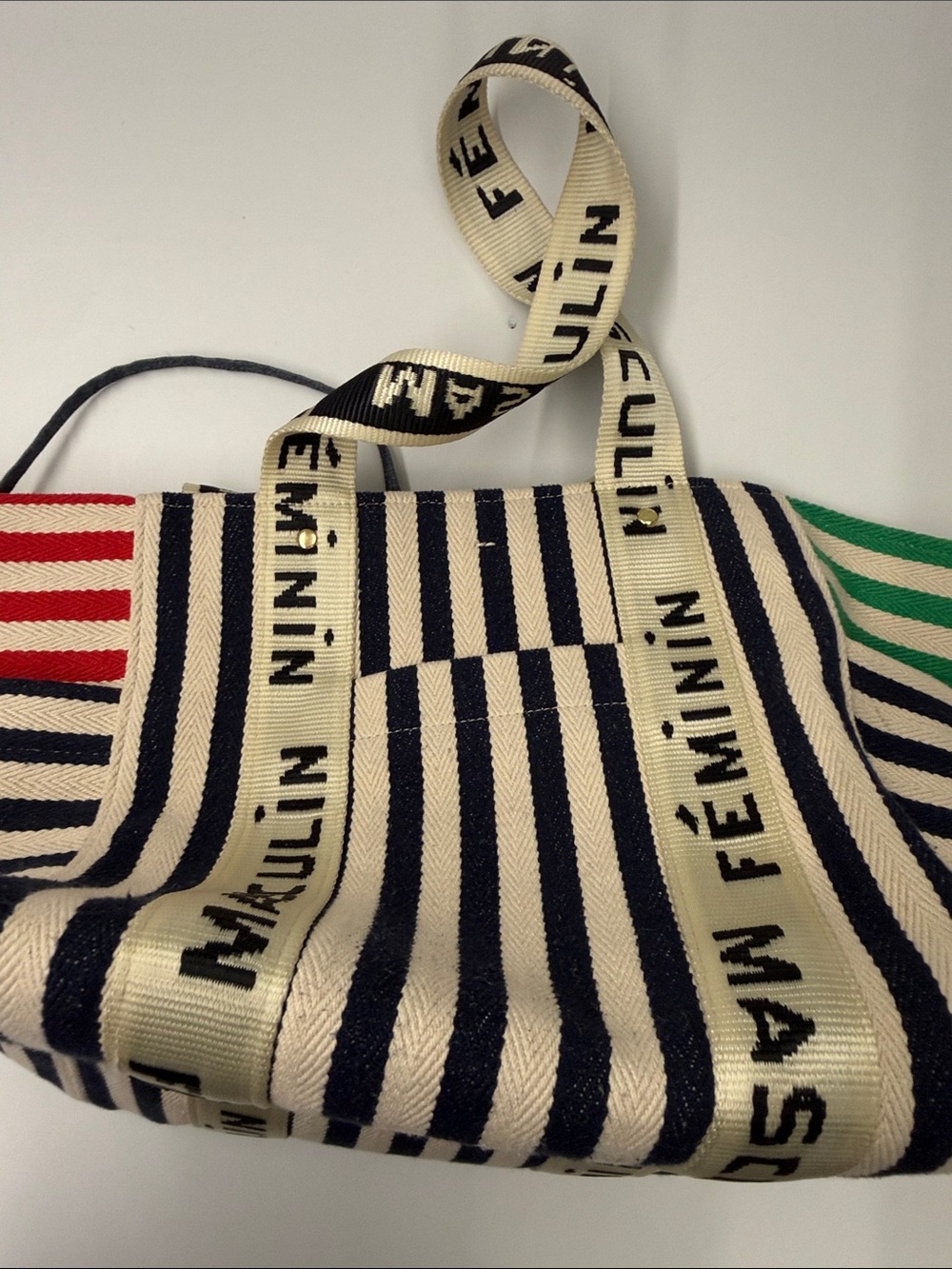 Clare V. Striped Canvas Tote Bag with Logo Webbing Strap - Navy & Cream
